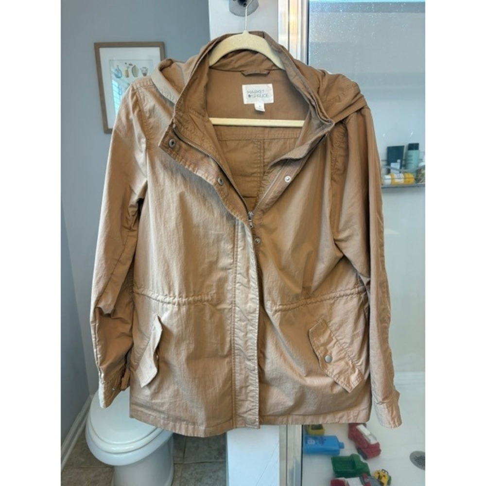 Market & Spruce Women's Medium Tan Hooded Utility Jacket Lightweight Anorak